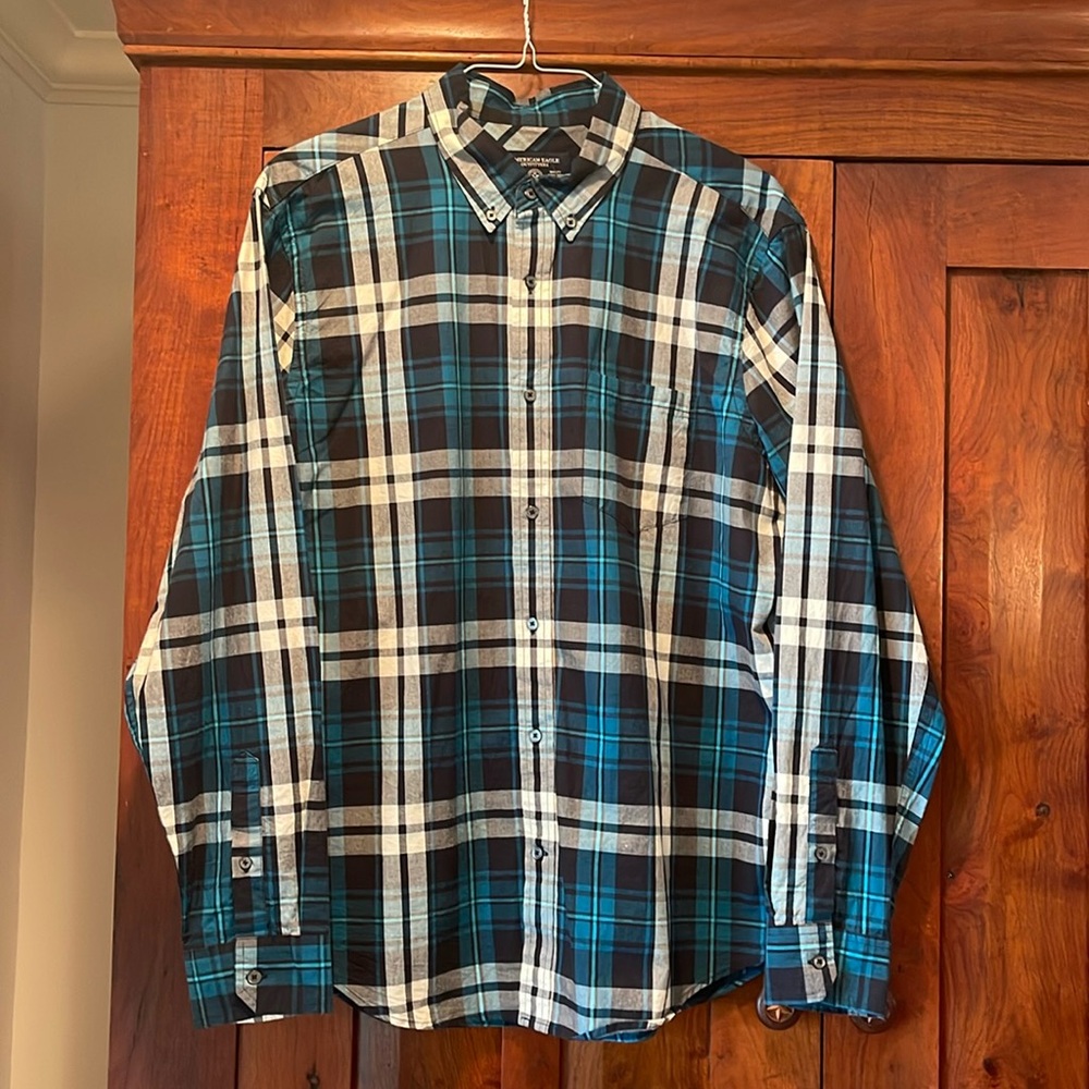 American Eagle Prep Fit Blue Plaid Button Down Shirt, men’s XL